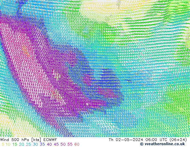 Wind 500 hPa ECMWF Čt 02.05.2024 06 UTC