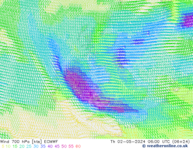 Wind 700 hPa ECMWF Čt 02.05.2024 06 UTC