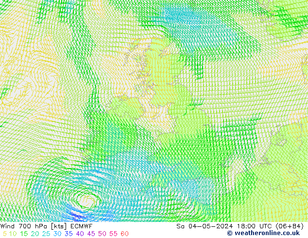 Vento 700 hPa ECMWF sab 04.05.2024 18 UTC