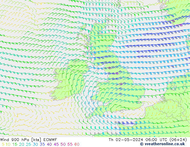 Wind 900 hPa ECMWF Čt 02.05.2024 06 UTC