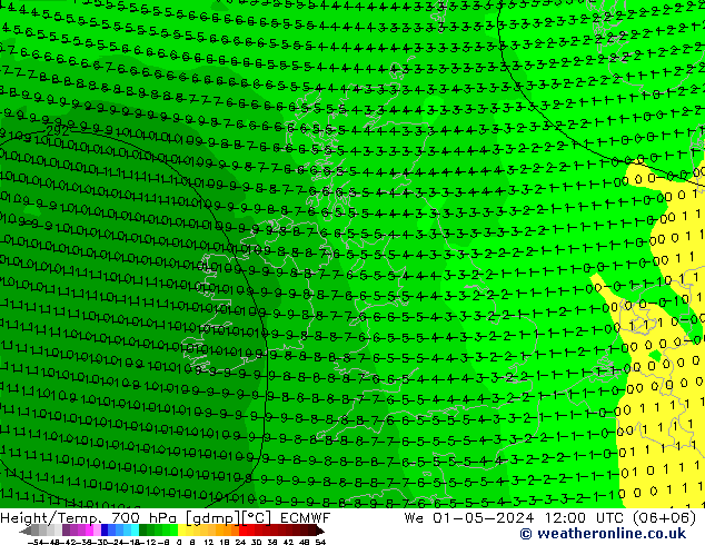 Height/Temp. 700 гПа ECMWF ср 01.05.2024 12 UTC