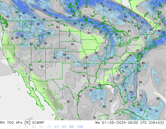 RH 700 hPa ECMWF Qua 01.05.2024 09 UTC