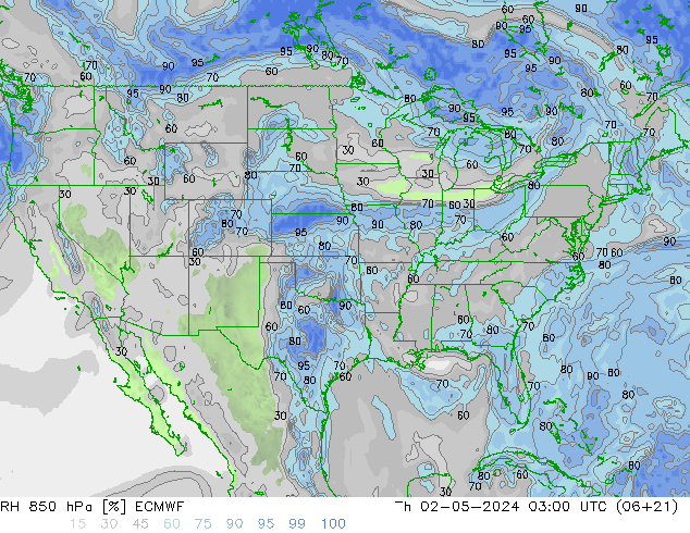 RH 850 hPa ECMWF czw. 02.05.2024 03 UTC