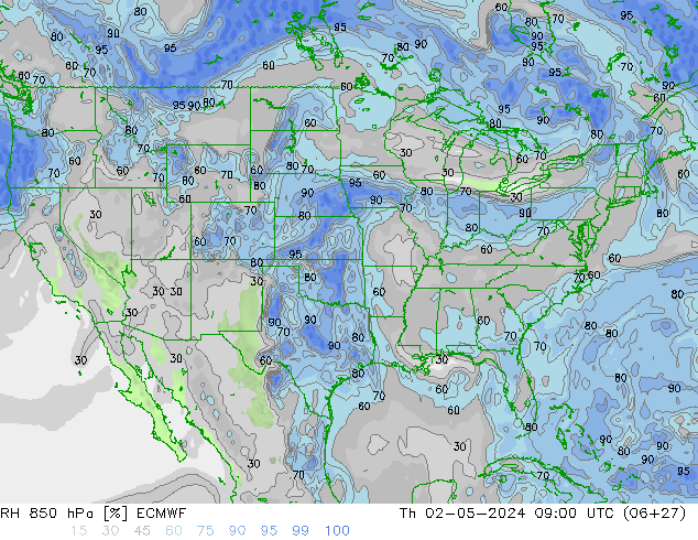 Humidité rel. 850 hPa ECMWF jeu 02.05.2024 09 UTC