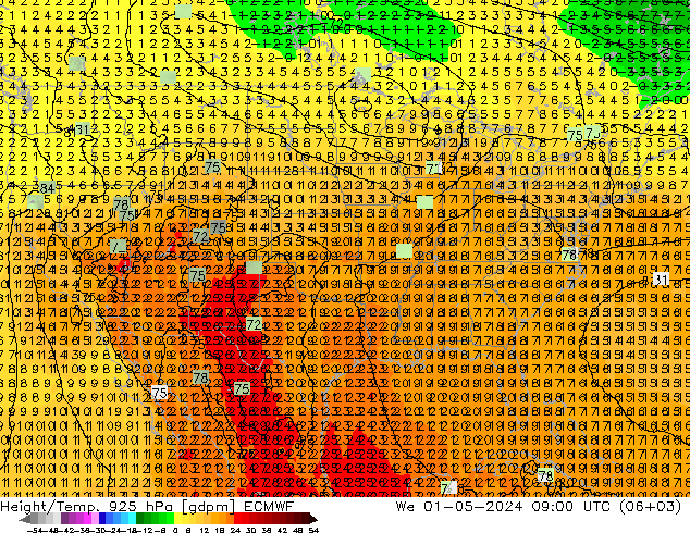 Height/Temp. 925 hPa ECMWF We 01.05.2024 09 UTC