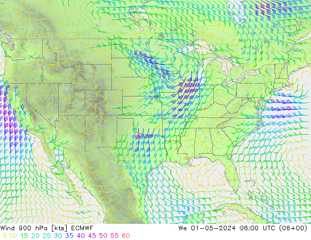 Vent 900 hPa ECMWF mer 01.05.2024 06 UTC