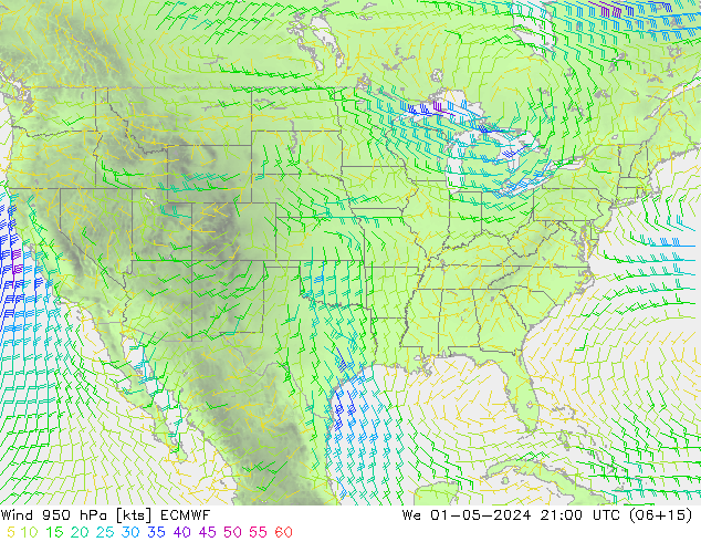 Vento 950 hPa ECMWF mer 01.05.2024 21 UTC