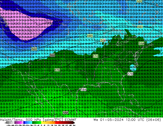 Z500/Rain (+SLP)/Z850 ECMWF mer 01.05.2024 12 UTC