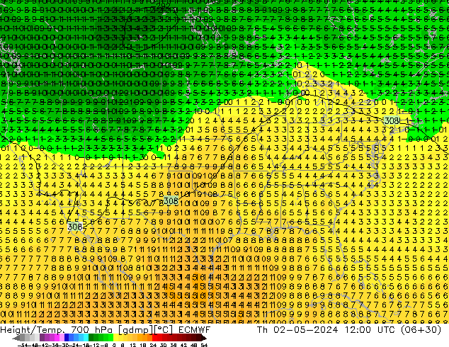 Height/Temp. 700 hPa ECMWF Th 02.05.2024 12 UTC