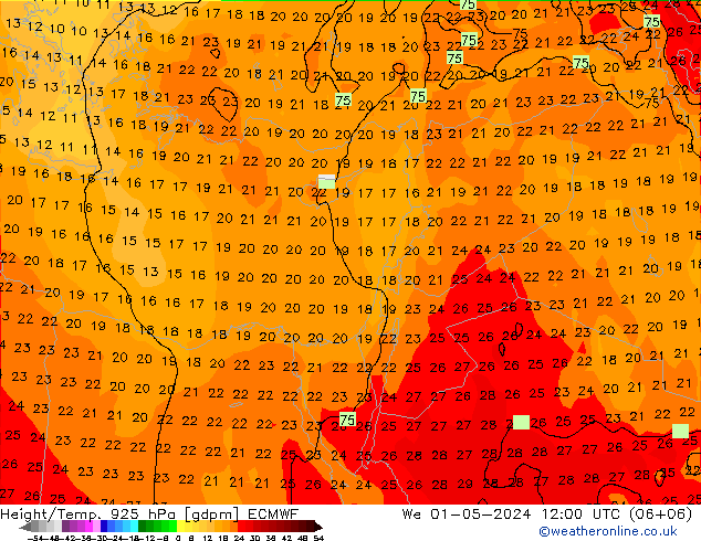 Geop./Temp. 925 hPa ECMWF mié 01.05.2024 12 UTC