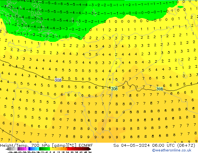 Height/Temp. 700 гПа ECMWF сб 04.05.2024 06 UTC