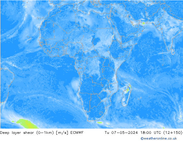 Deep layer shear (0-1km) ECMWF Sa 07.05.2024 18 UTC