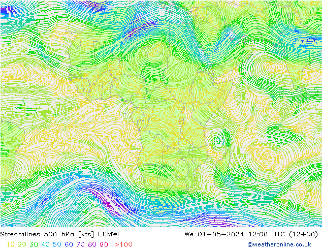 Ligne de courant 500 hPa ECMWF mer 01.05.2024 12 UTC
