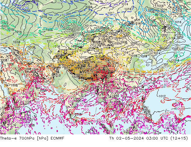Theta-e 700hPa ECMWF Čt 02.05.2024 03 UTC