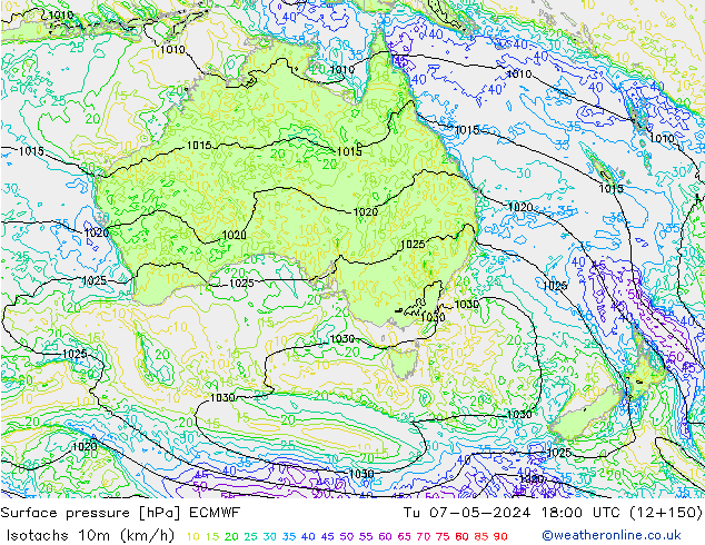 Isotachs (kph) ECMWF mar 07.05.2024 18 UTC