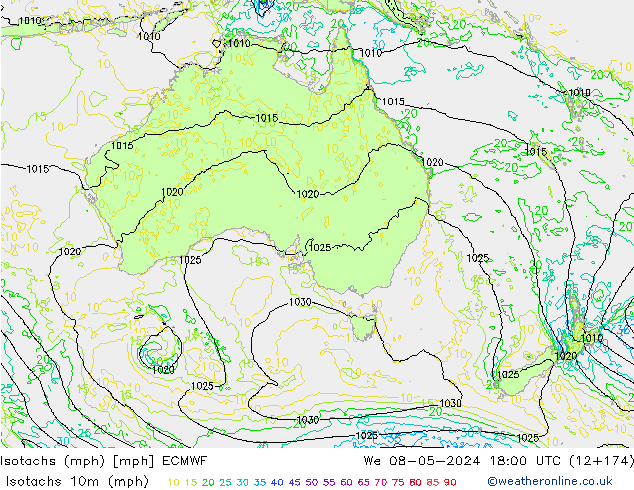 Isotachs (mph) ECMWF mer 08.05.2024 18 UTC