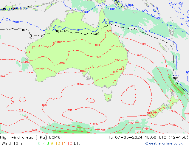 High wind areas ECMWF Út 07.05.2024 18 UTC