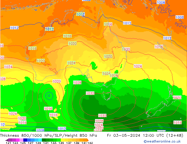 Dikte 850-1000 hPa ECMWF vr 03.05.2024 12 UTC