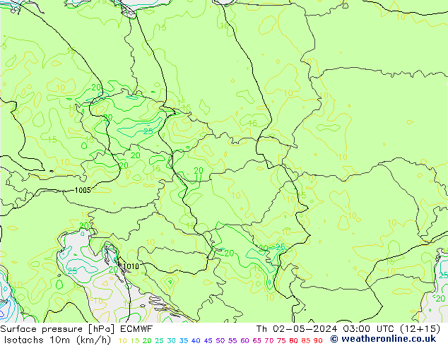 Isotachs (kph) ECMWF Th 02.05.2024 03 UTC