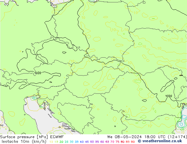 Isotachs (kph) ECMWF  08.05.2024 18 UTC