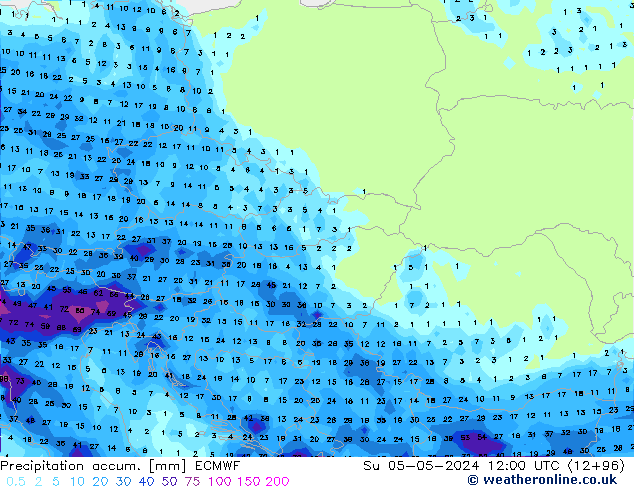 Precipitation accum. ECMWF nie. 05.05.2024 12 UTC