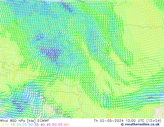 Wind 850 hPa ECMWF Čt 02.05.2024 12 UTC