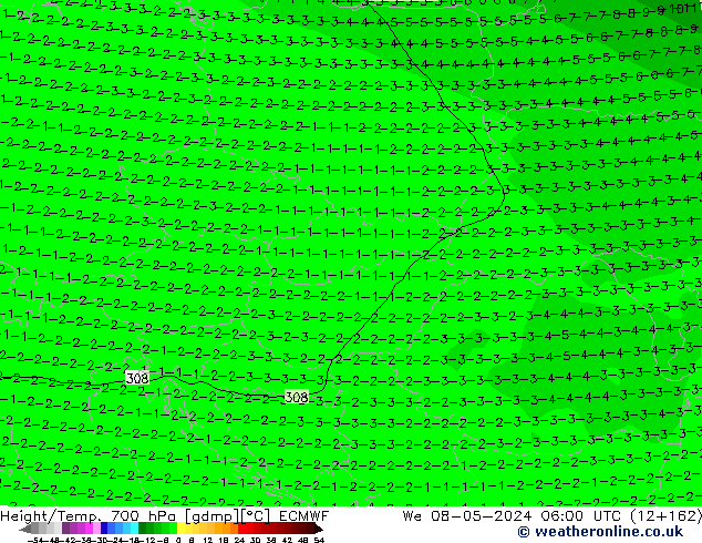 Hoogte/Temp. 700 hPa ECMWF wo 08.05.2024 06 UTC