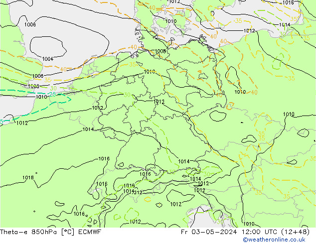 Theta-e 850hPa ECMWF ven 03.05.2024 12 UTC