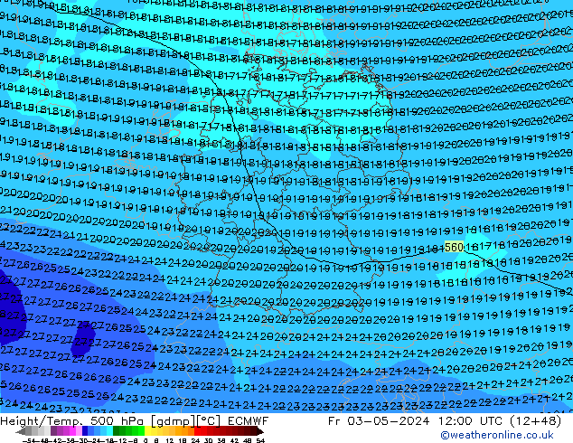 Z500/Rain (+SLP)/Z850 ECMWF Fr 03.05.2024 12 UTC