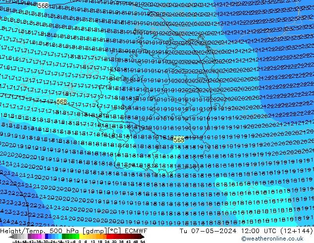 Z500/Rain (+SLP)/Z850 ECMWF wto. 07.05.2024 12 UTC