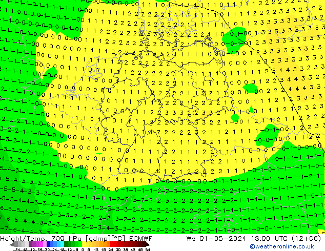 Height/Temp. 700 hPa ECMWF Mi 01.05.2024 18 UTC