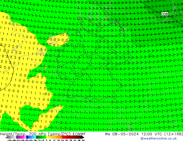 Height/Temp. 700 hPa ECMWF We 08.05.2024 12 UTC