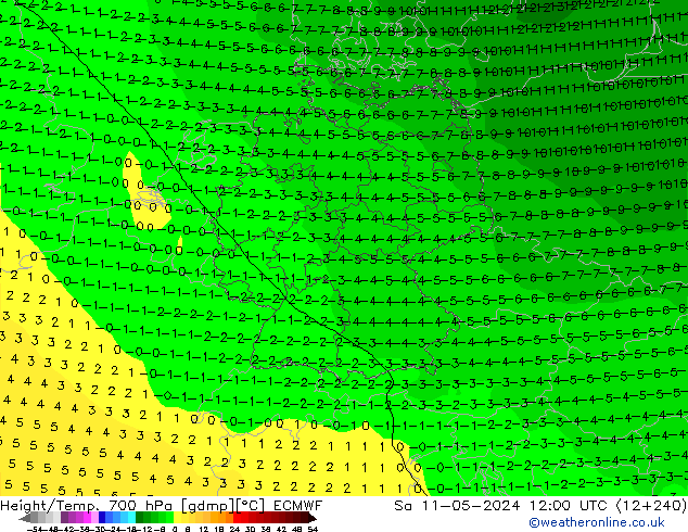 Height/Temp. 700 hPa ECMWF Sa 11.05.2024 12 UTC