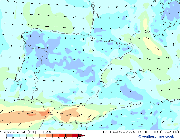 Surface wind (bft) ECMWF Fr 10.05.2024 12 UTC