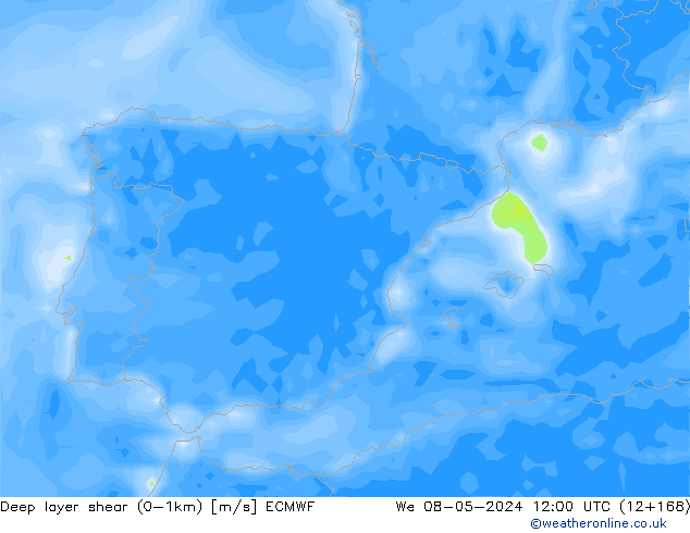 Deep layer shear (0-1km) ECMWF śro. 08.05.2024 12 UTC