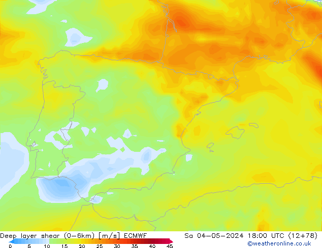 Deep layer shear (0-6km) ECMWF Sa 04.05.2024 18 UTC