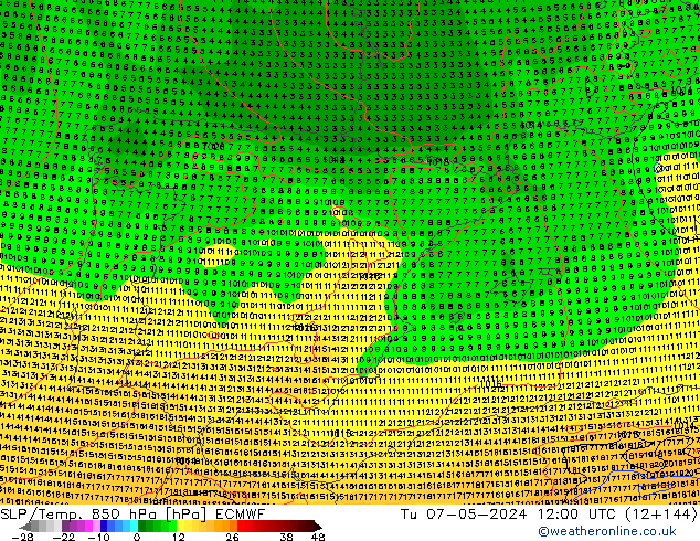 SLP/Temp. 850 hPa ECMWF wto. 07.05.2024 12 UTC