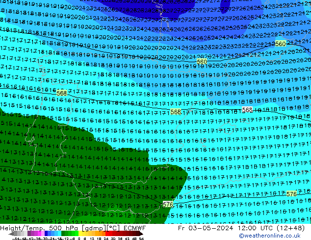 Z500/Rain (+SLP)/Z850 ECMWF Fr 03.05.2024 12 UTC