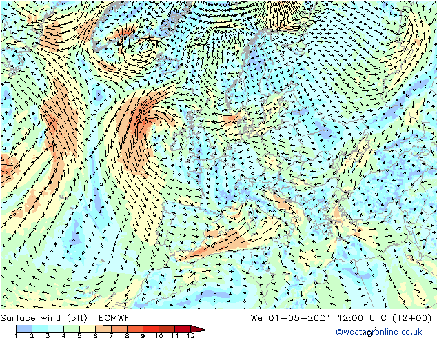 Wind 10 m (bft) ECMWF wo 01.05.2024 12 UTC