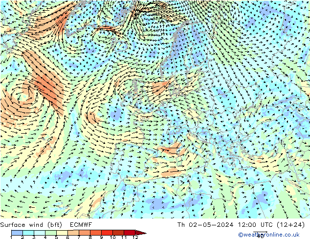 wiatr 10 m (bft) ECMWF czw. 02.05.2024 12 UTC