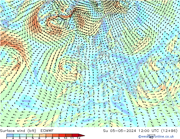 Rüzgar 10 m (bft) ECMWF Paz 05.05.2024 12 UTC