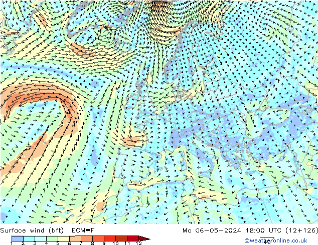 Rüzgar 10 m (bft) ECMWF Pzt 06.05.2024 18 UTC