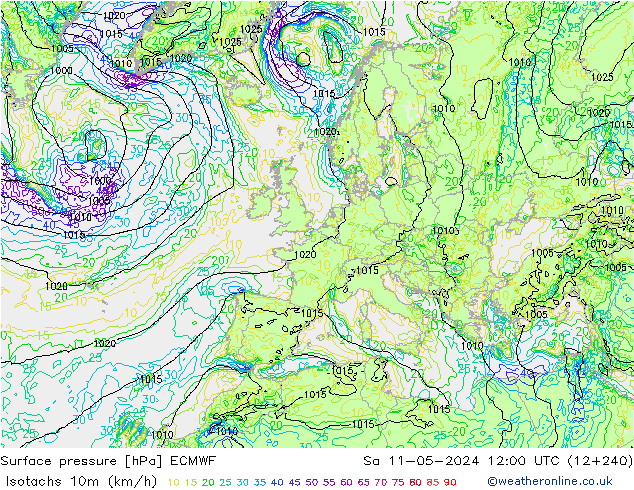 Isotachs (kph) ECMWF sam 11.05.2024 12 UTC