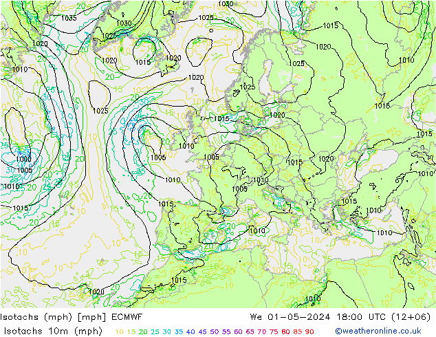 Isotachen (mph) ECMWF Mi 01.05.2024 18 UTC