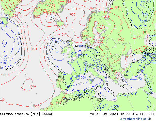 Pressione al suolo ECMWF mer 01.05.2024 15 UTC