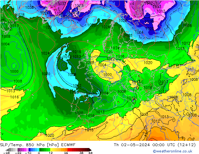 SLP/Temp. 850 hPa ECMWF Do 02.05.2024 00 UTC