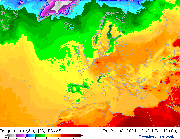 Temperature (2m) ECMWF We 01.05.2024 12 UTC