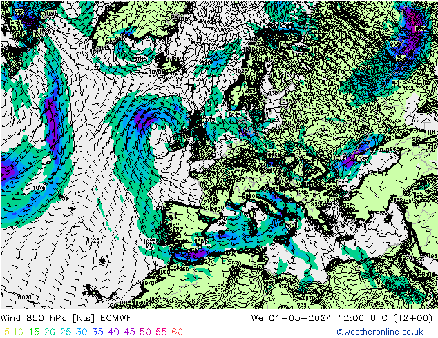 Wind 850 hPa ECMWF Mi 01.05.2024 12 UTC