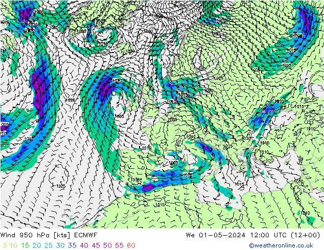 ветер 950 гПа ECMWF ср 01.05.2024 12 UTC