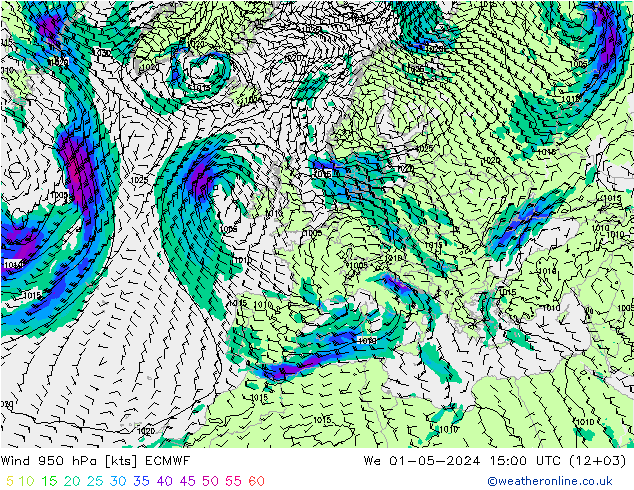 Vento 950 hPa ECMWF Qua 01.05.2024 15 UTC